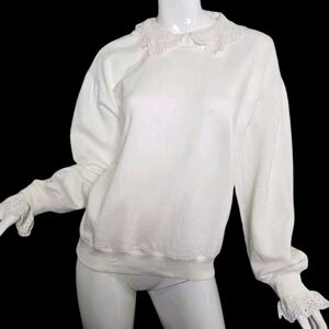 J Crew Womens M Lace Trim Crew Neck Sweatshirt Long Sleeve Cotton Ivory White